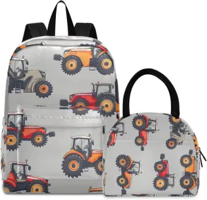 Cartoon Tractors Grey Lunchbox Backpack Waterproof Beach Backpack, School Backpack Set for Girls