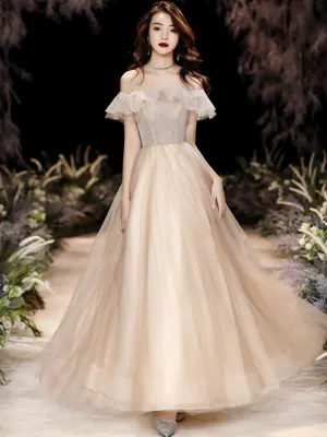 Champagne Tulle Sequin Long Prom Dress, Tulle Formal Dress