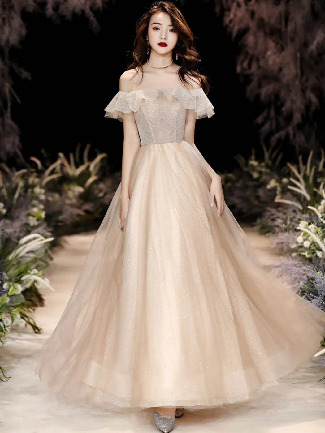 Champagne Tulle Sequin Long Prom Dress, Tulle Formal Dress