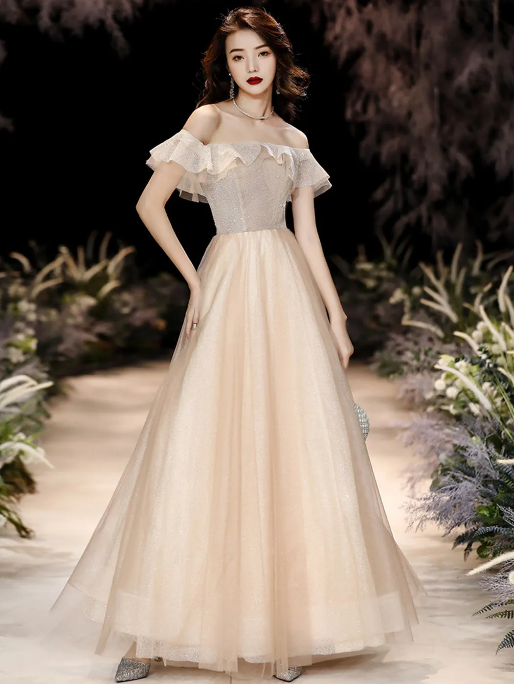 Champagne Tulle Sequin Long Prom Dress, Tulle Formal Dress