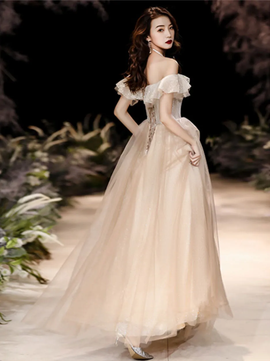 Champagne Tulle Sequin Long Prom Dress, Tulle Formal Dress