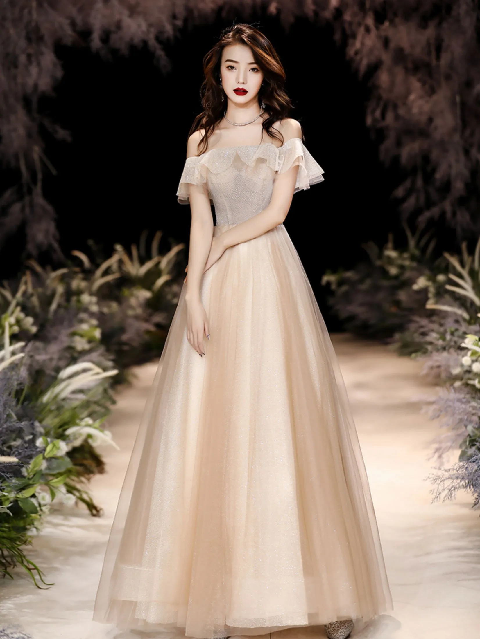 Champagne Tulle Sequin Long Prom Dress, Tulle Formal Dress