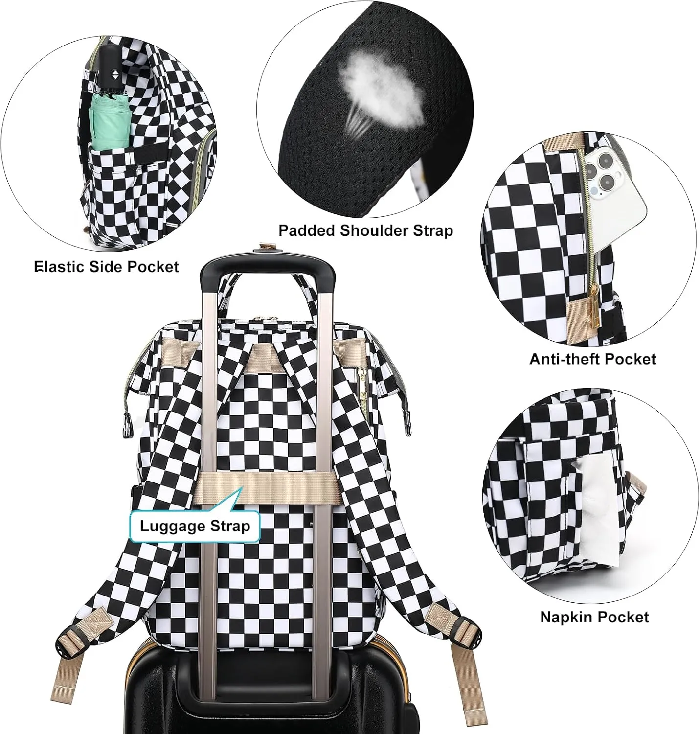 Checkered Lunch Backpack for Women, Insulated Cooler Work Business Laptop Backpacks Girls School Backpack College Bookbags