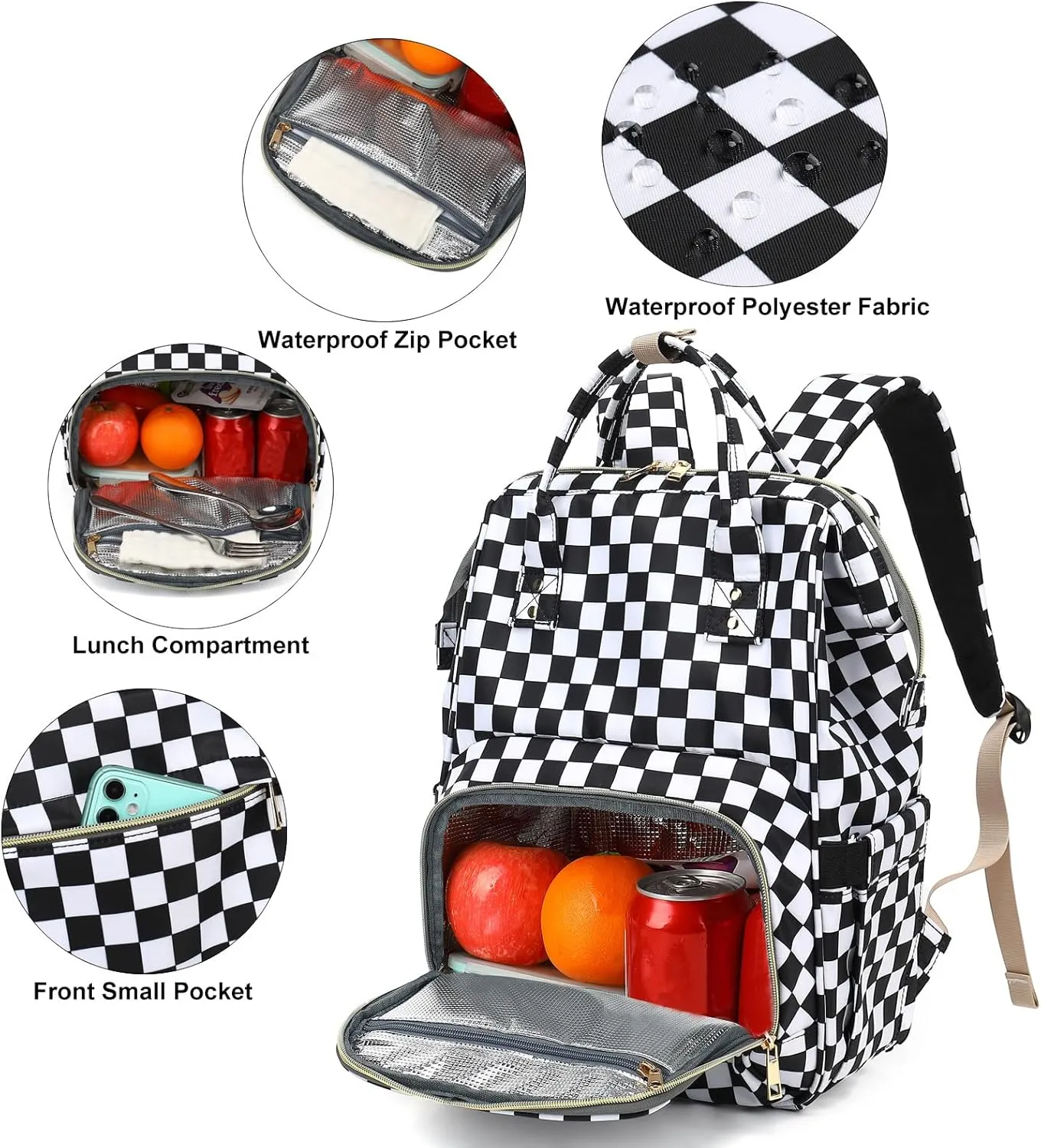 Checkered Lunch Backpack for Women, Insulated Cooler Work Business Laptop Backpacks Girls School Backpack College Bookbags