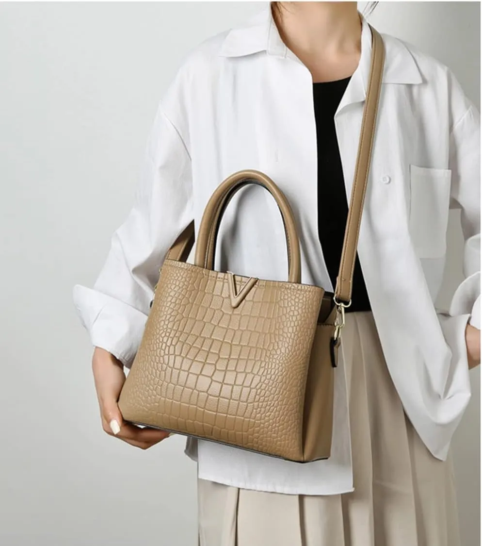 Classic Fashion Leather Satchel Handbag for Women Crocodile Pattern Big Capacity Shoulder Bag Handbag Purses (Brown)