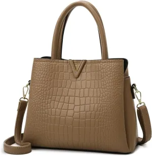Classic Fashion Leather Satchel Handbag for Women Crocodile Pattern Big Capacity Shoulder Bag Handbag Purses (Brown)