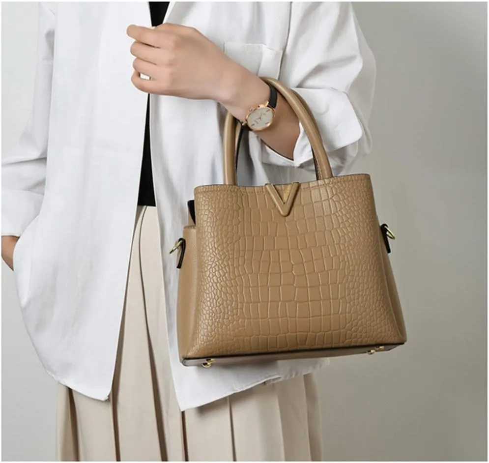 Classic Fashion Leather Satchel Handbag for Women Crocodile Pattern Big Capacity Shoulder Bag Handbag Purses (Brown)