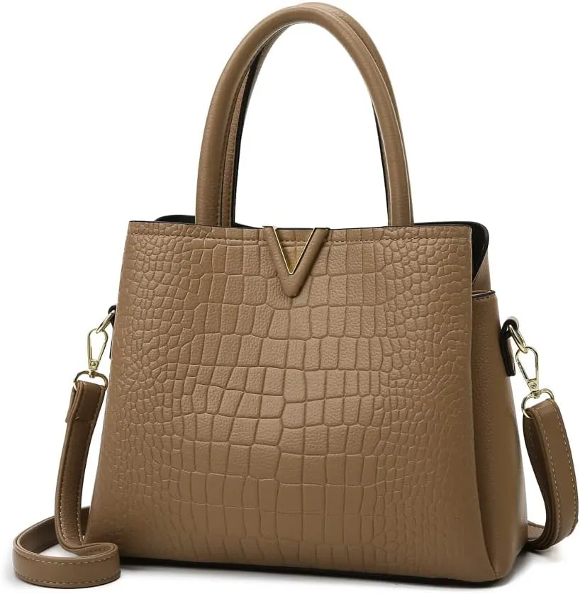 Classic Fashion Leather Satchel Handbag for Women Crocodile Pattern Big Capacity Shoulder Bag Handbag Purses (Brown)