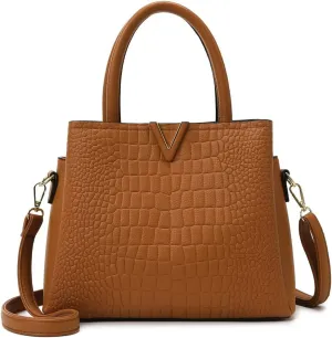 Classic Fashion Leather Satchel Handbag for Women Crocodile Pattern Big Capacity Shoulder Bag Handbag Purses (Brown)