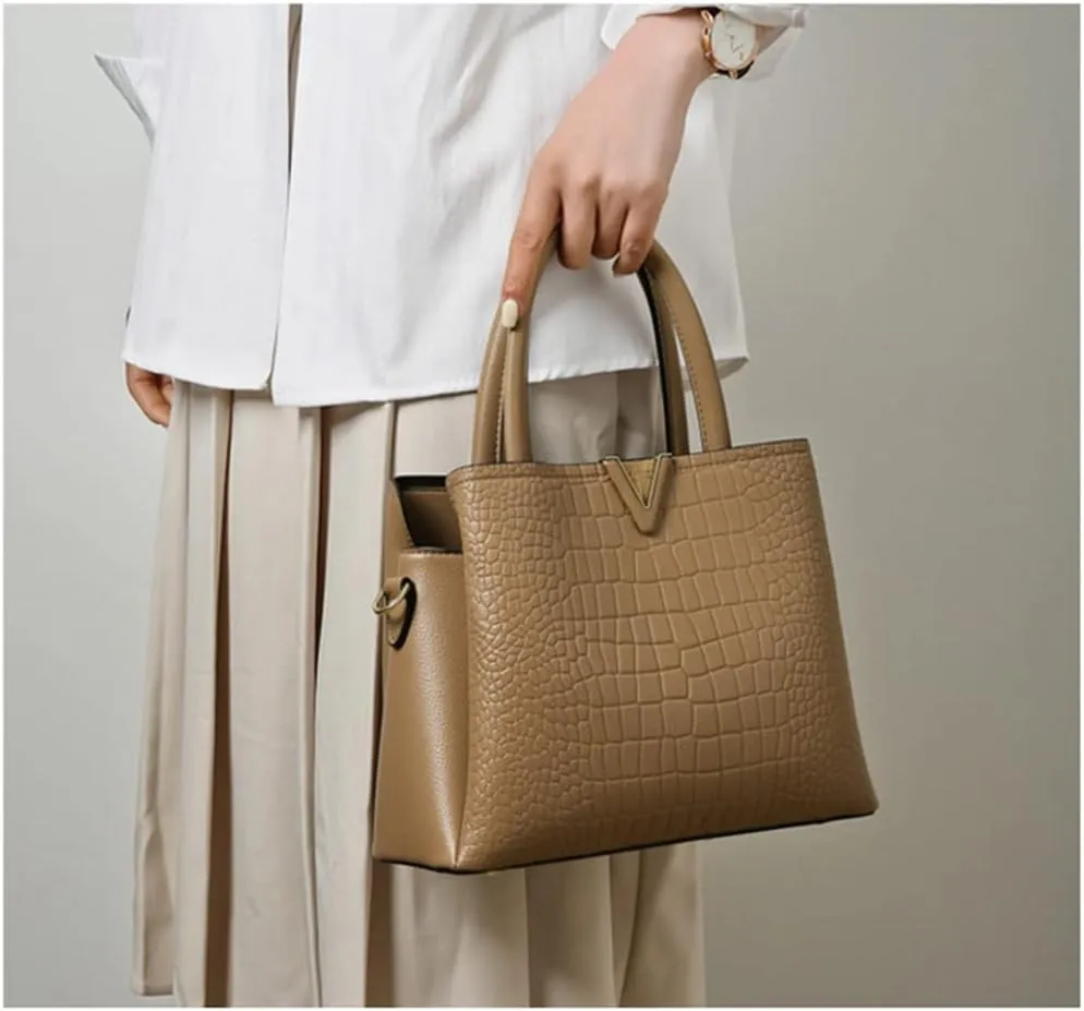 Classic Fashion Leather Satchel Handbag for Women Crocodile Pattern Big Capacity Shoulder Bag Handbag Purses (Brown)