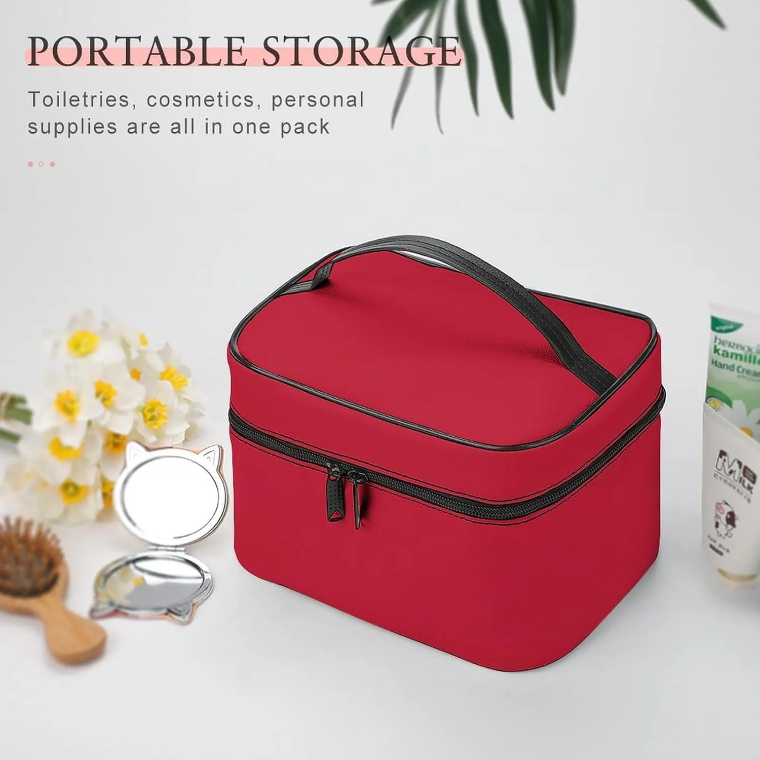 Classic Solid Red Makeup Bag, Portable Travel Cosmetic Case Zipper Toiletry Bag for Women Girls