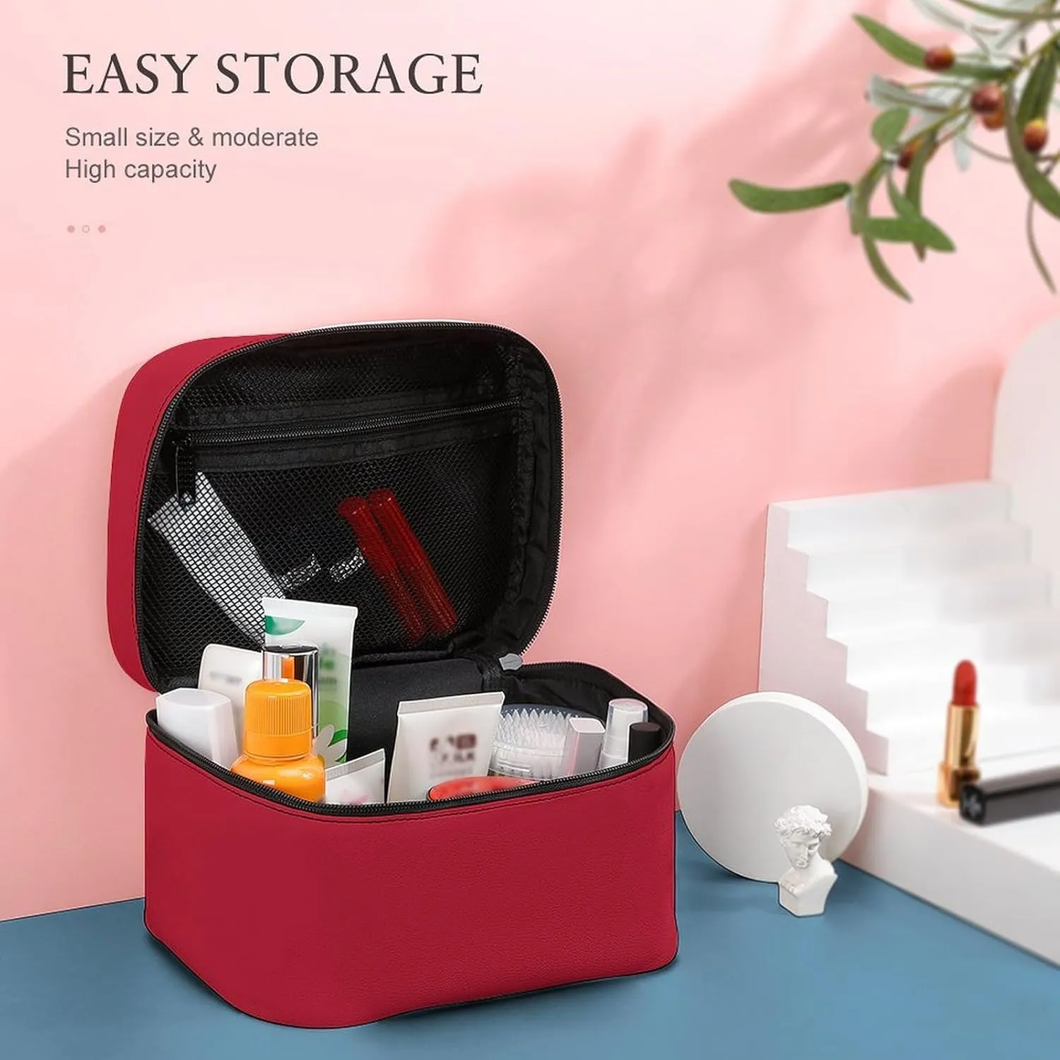 Classic Solid Red Makeup Bag, Portable Travel Cosmetic Case Zipper Toiletry Bag for Women Girls