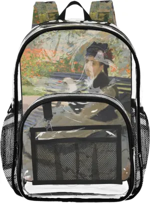 Clear Backpack for Women Claude Monet Camille on A Bench Oil Painting Kids Backpack for Girls Approved Plastic Bag Large
