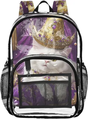 Clear Backpack Women Cute Girls Backpack for Kids Approved Transparent Bag Royal White Cat Gold Crown