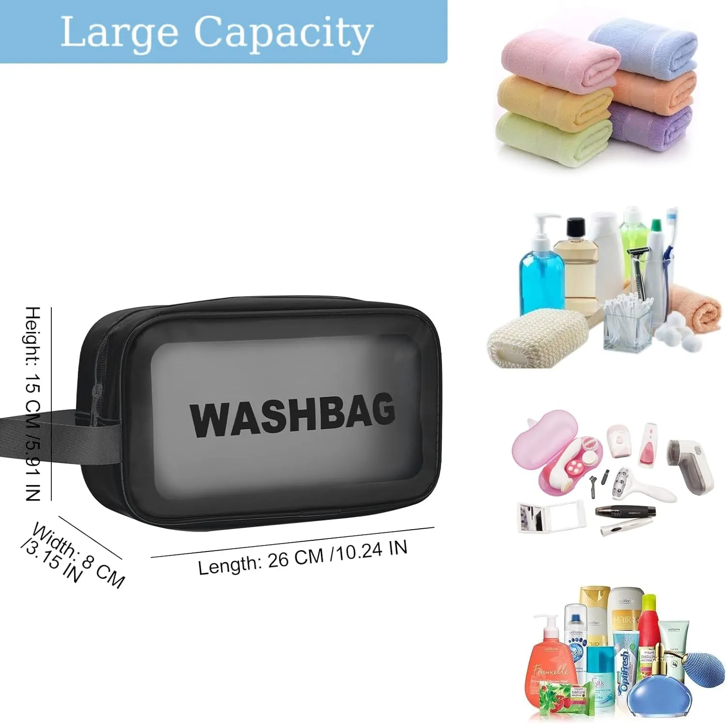 Clear Travel Toiletries Bag for Women,Travel Toiletry Bags Clear Wash Bag for Toiletries,PVC Waterproof Makeup Bag for Women and Girls, Muiticolor-black, M, Modern