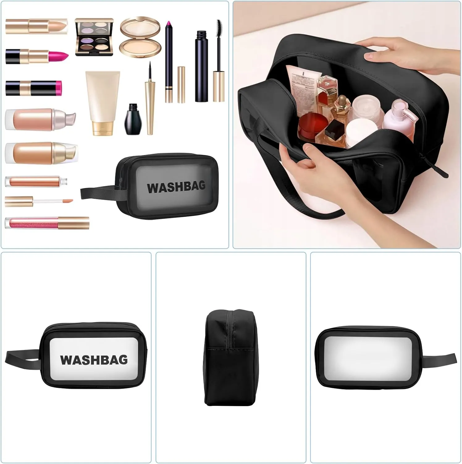 Clear Travel Toiletries Bag for Women,Travel Toiletry Bags Clear Wash Bag for Toiletries,PVC Waterproof Makeup Bag for Women and Girls, Muiticolor-black, M, Modern