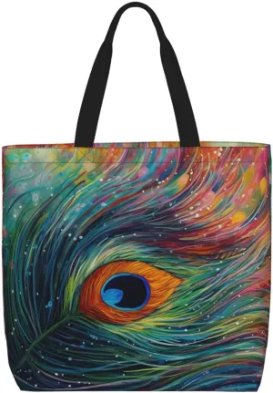 Colored peacock Tote Bag for Women Hobo Handbags with Zipper Large Shoulder Bag Shopping Bags Travel Purse