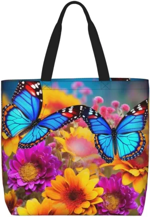 Colorful Butterfly Flower Tote Bag for Women Hobo Handbags with Zipper Large Shoulder Bag Shopping Bags Travel Purse