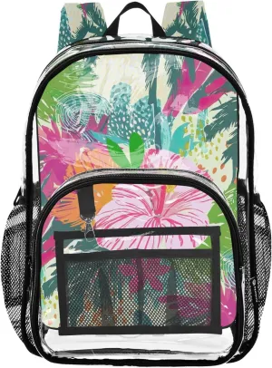 Colorful Flowers Leaves Travel Clear Backpack Floral Kids Girls Backpack Boys Approved Transparent Bag