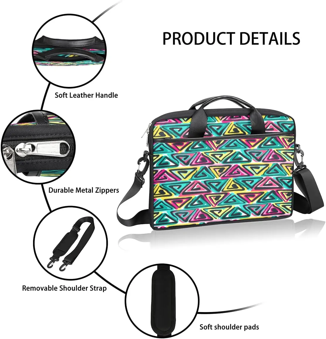 Colorful Hand Drawn Boho Laptop Shoulder Messenger Bag Waterproof Laptop Briefcase with Handle and Padded Strap Case Sleeve