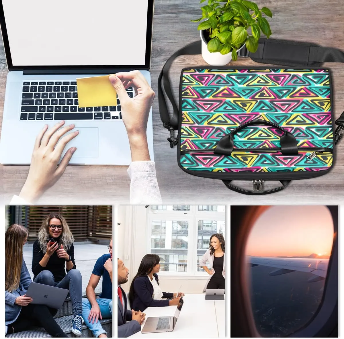 Colorful Hand Drawn Boho Laptop Shoulder Messenger Bag Waterproof Laptop Briefcase with Handle and Padded Strap Case Sleeve
