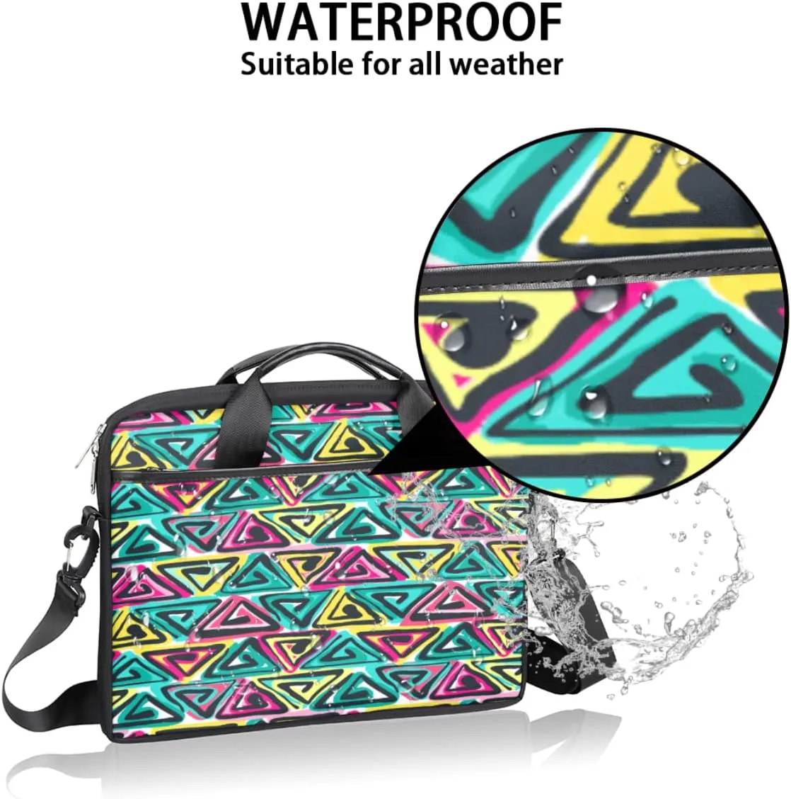 Colorful Hand Drawn Boho Laptop Shoulder Messenger Bag Waterproof Laptop Briefcase with Handle and Padded Strap Case Sleeve