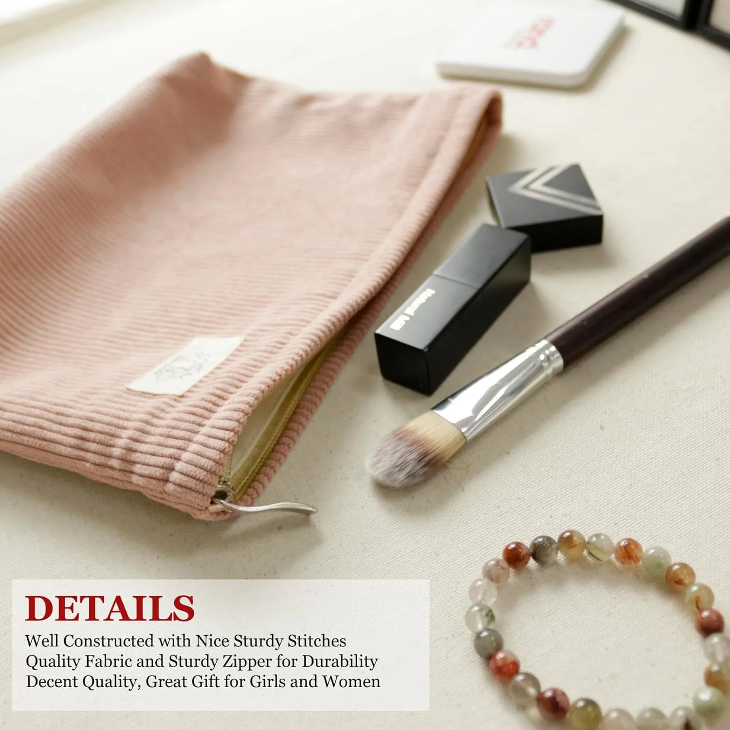 Creamy Pink Corduroy Makeup Bag Cosmetic Toiletry Travel Pouch, Make Up Accessory Purse Organizer, Canvas Lined