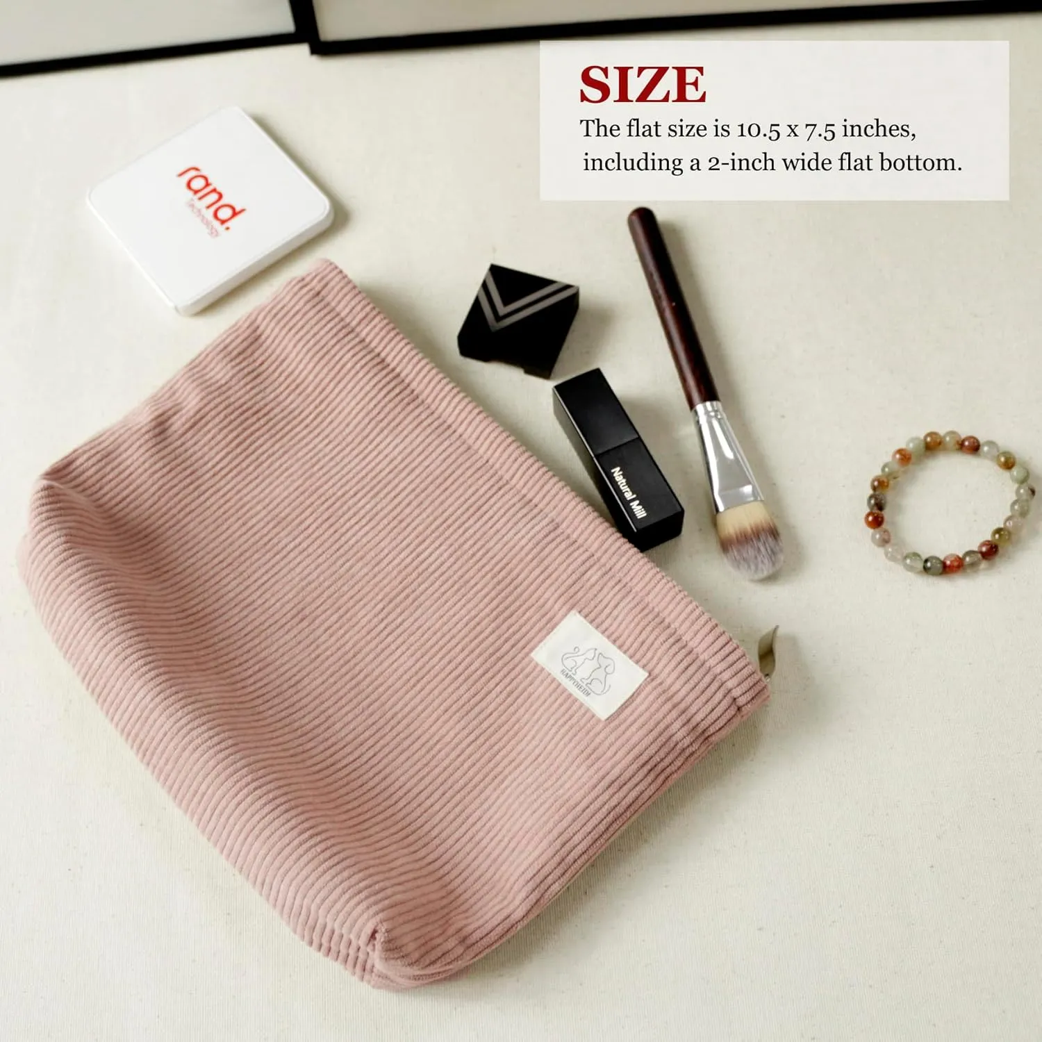 Creamy Pink Corduroy Makeup Bag Cosmetic Toiletry Travel Pouch, Make Up Accessory Purse Organizer, Canvas Lined
