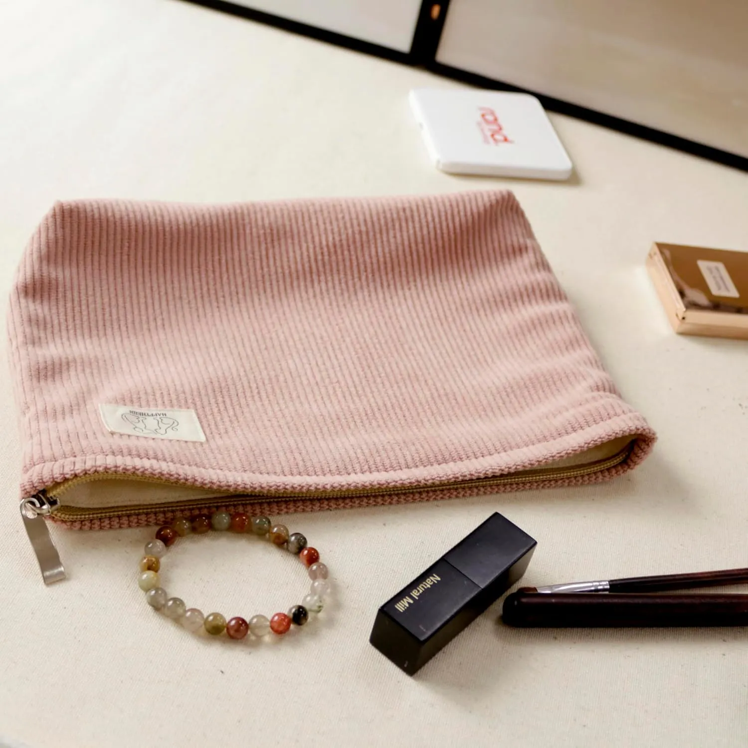 Creamy Pink Corduroy Makeup Bag Cosmetic Toiletry Travel Pouch, Make Up Accessory Purse Organizer, Canvas Lined