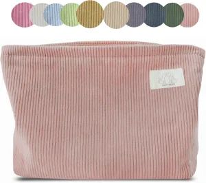 Creamy Pink Corduroy Makeup Bag Cosmetic Toiletry Travel Pouch, Make Up Accessory Purse Organizer, Canvas Lined