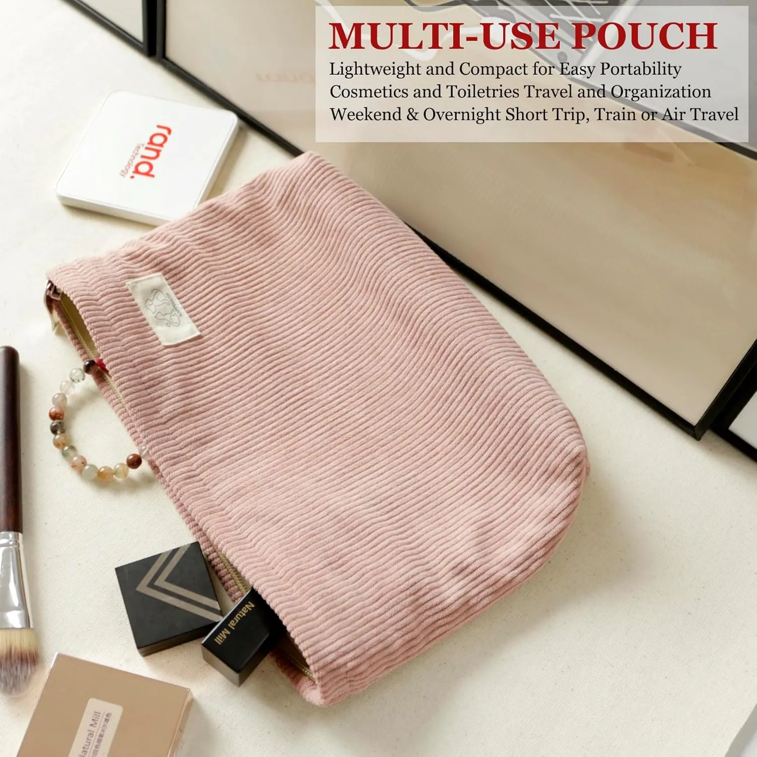 Creamy Pink Corduroy Makeup Bag Cosmetic Toiletry Travel Pouch, Make Up Accessory Purse Organizer, Canvas Lined