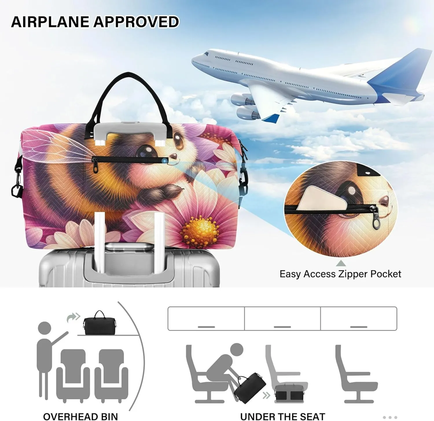 Cute Bee Floral Duffle Bag for Travel Toiletry Bags Set of 2, Modern Womens Garment Duffel Bag Overnight Hospital Bag