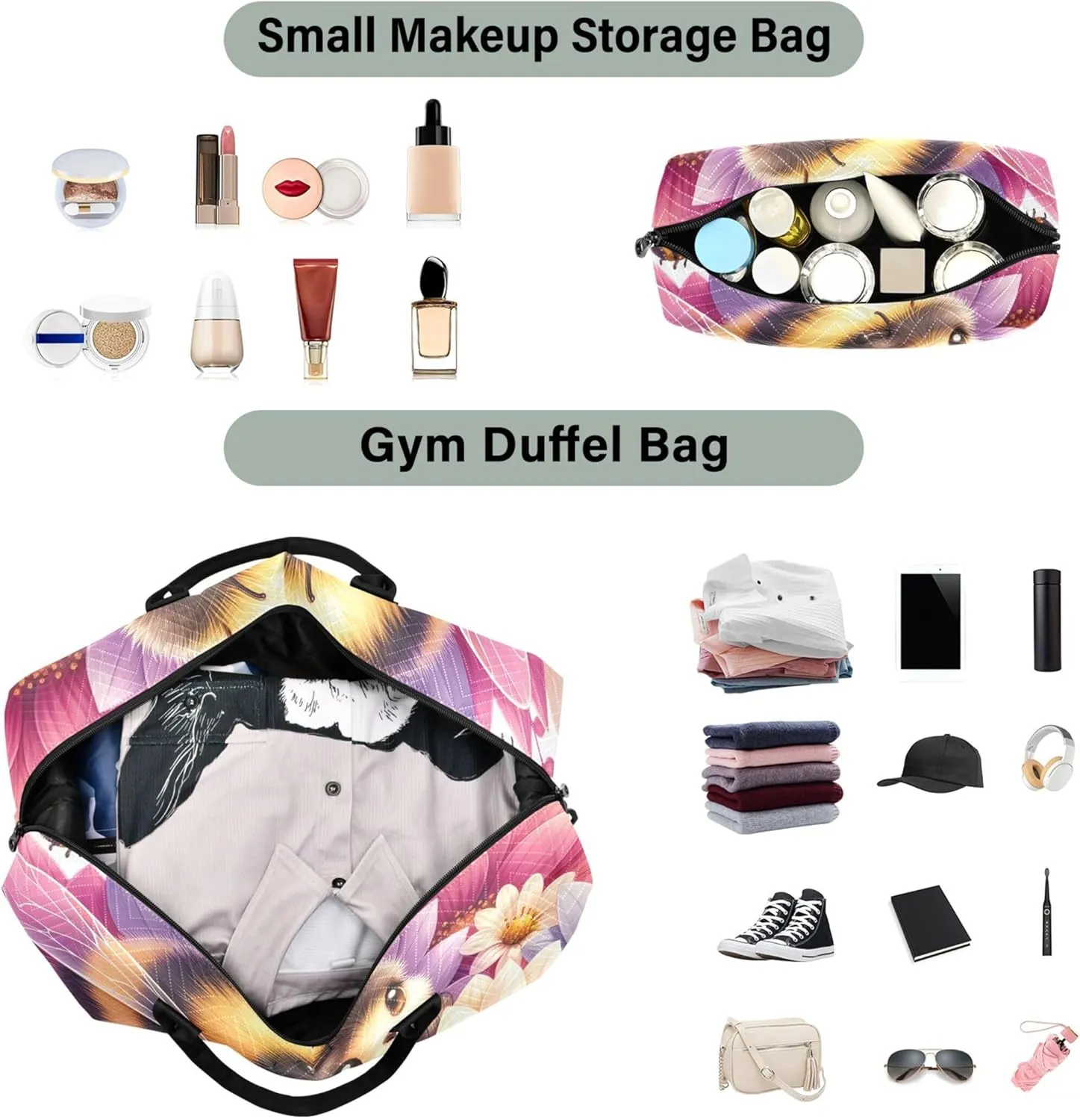 Cute Bee Floral Duffle Bag for Travel Toiletry Bags Set of 2, Modern Womens Garment Duffel Bag Overnight Hospital Bag