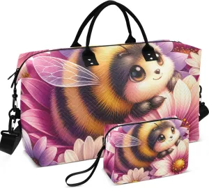 Cute Bee Floral Duffle Bag for Travel Toiletry Bags Set of 2, Modern Womens Garment Duffel Bag Overnight Hospital Bag