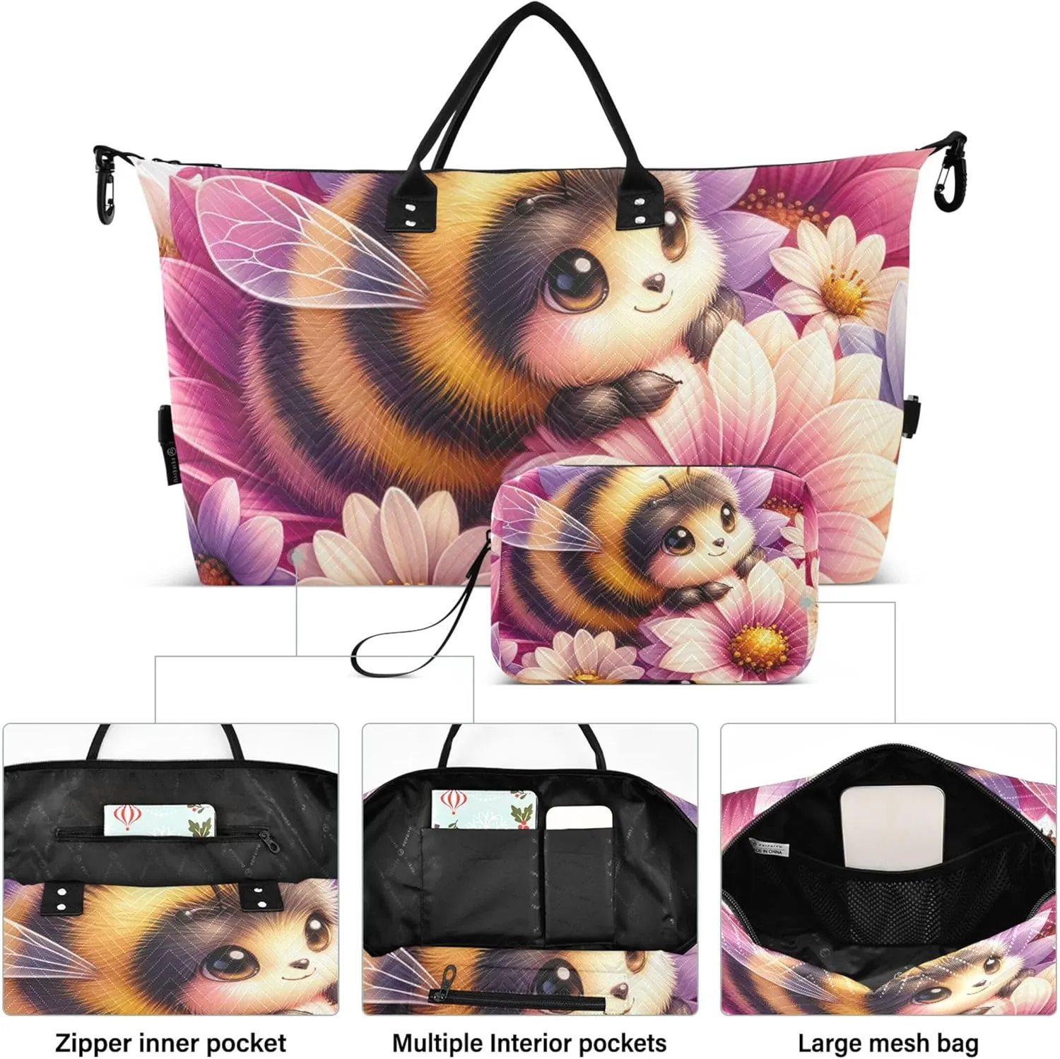 Cute Bee Floral Duffle Bag for Travel Toiletry Bags Set of 2, Modern Womens Garment Duffel Bag Overnight Hospital Bag
