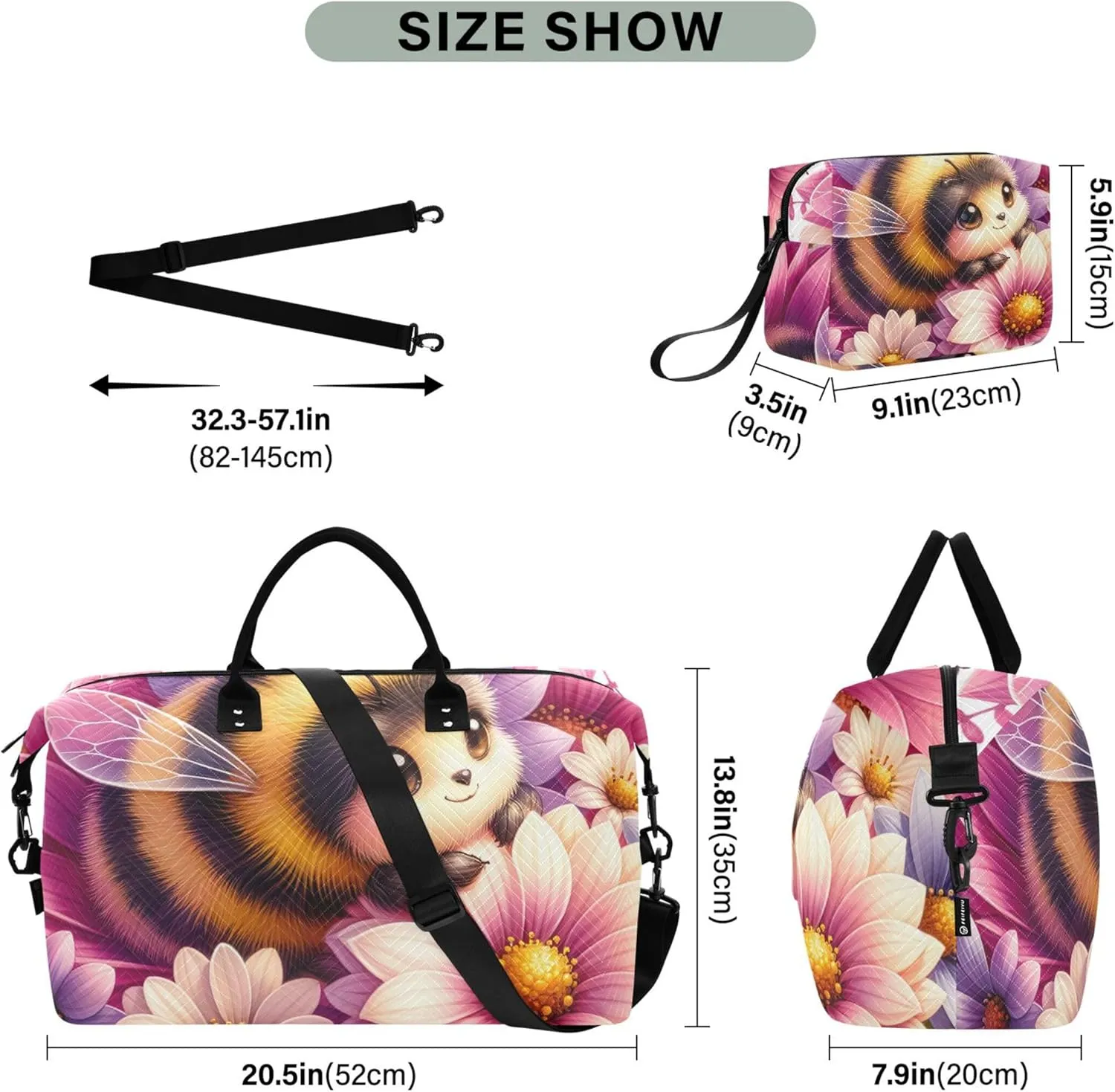 Cute Bee Floral Duffle Bag for Travel Toiletry Bags Set of 2, Modern Womens Garment Duffel Bag Overnight Hospital Bag