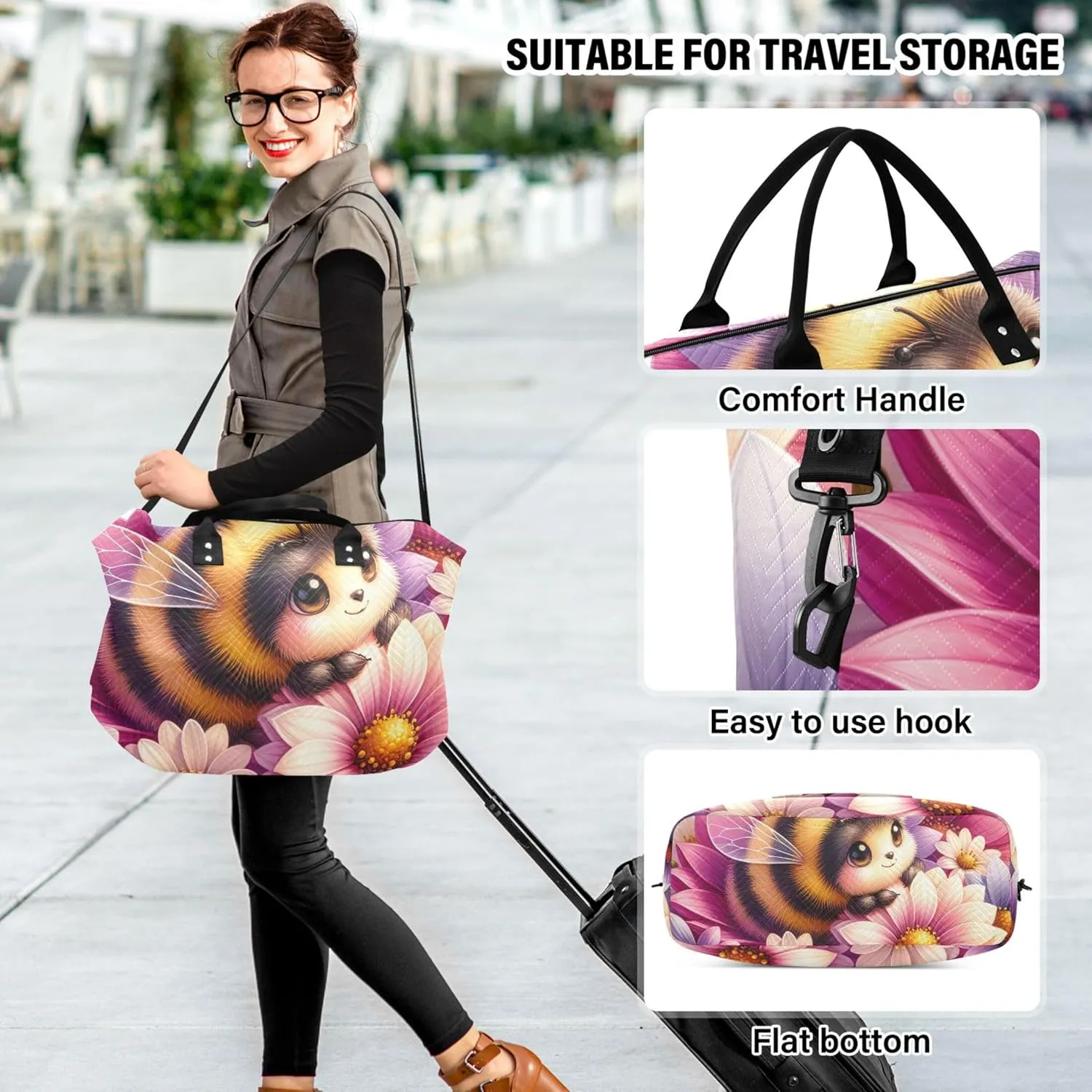 Cute Bee Floral Duffle Bag for Travel Toiletry Bags Set of 2, Modern Womens Garment Duffel Bag Overnight Hospital Bag