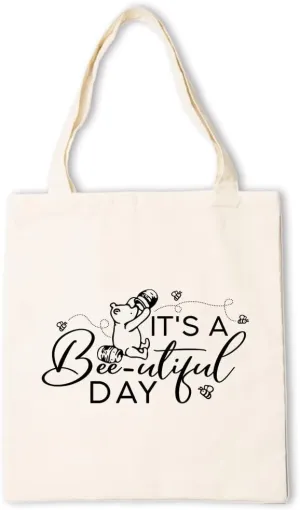 Cute Canvas Tote Bag, Cartoon Classic Small Bear Encourage Tote Bag, It's A Beeutiful Day, Reusable Suitable For Friendship Gifts, Casual Vacation, Shopping, Work