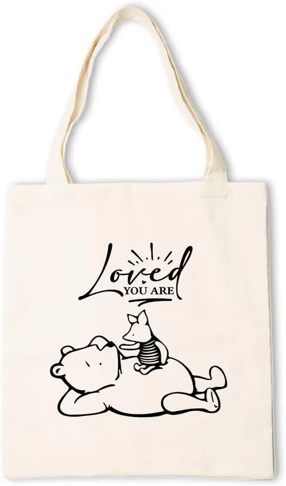 Cute Canvas Tote Bag, Cartoon Classic Small Bear Encourage Tote Bag, You Are Loved, Reusable Suitable For Friendship Gifts, Casual Vacation, Shopping, Work