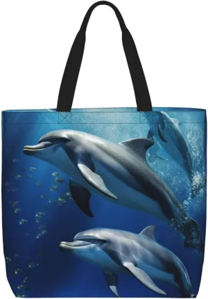 Cute Dolphins Tote Bag for Women Hobo Handbags with Zipper Large Shoulder Bag Shopping Bags Travel Purse