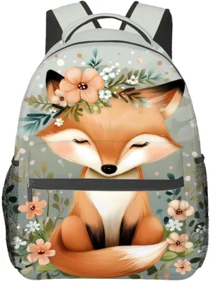 Cute Fox Backpack,Woodland Animal Polyester Backpacks,Lightweight Double Shoulder Back Pack for Kids Teens,Adorable Floral Bookbag,School Bag Gifts,Casual Travel Daypack Book Packs