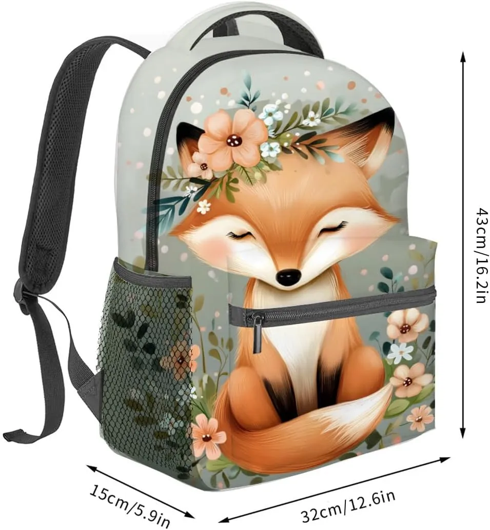 Cute Fox Backpack,Woodland Animal Polyester Backpacks,Lightweight Double Shoulder Back Pack for Kids Teens,Adorable Floral Bookbag,School Bag Gifts,Casual Travel Daypack Book Packs