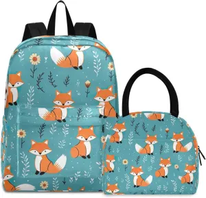 Cute Foxes Bookbag Lunch Box Set Camping Backpack Waterproof, Girls Backpack with Lunchbox, Boy Backpacks Elementary