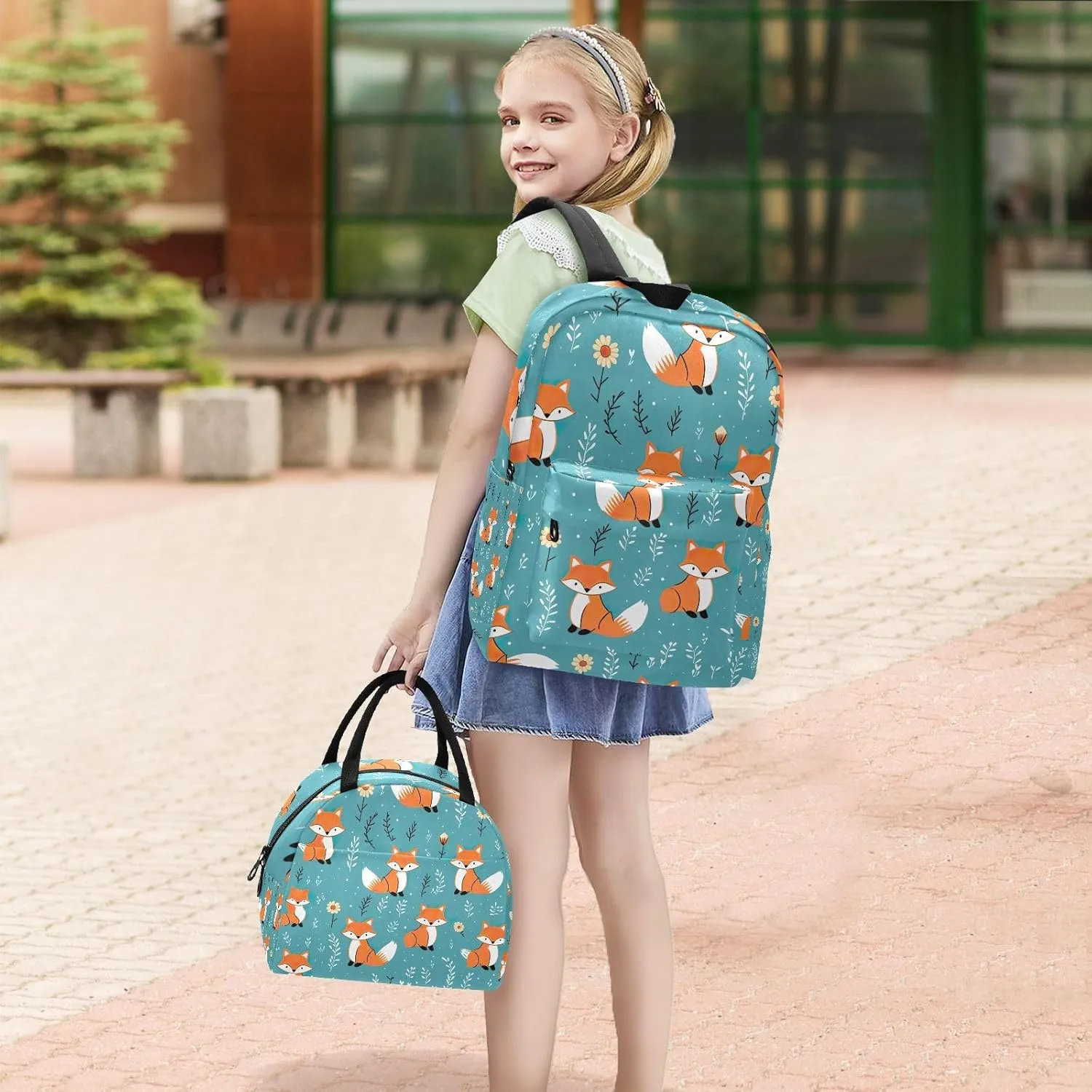Cute Foxes Bookbag Lunch Box Set Camping Backpack Waterproof, Girls Backpack with Lunchbox, Boy Backpacks Elementary