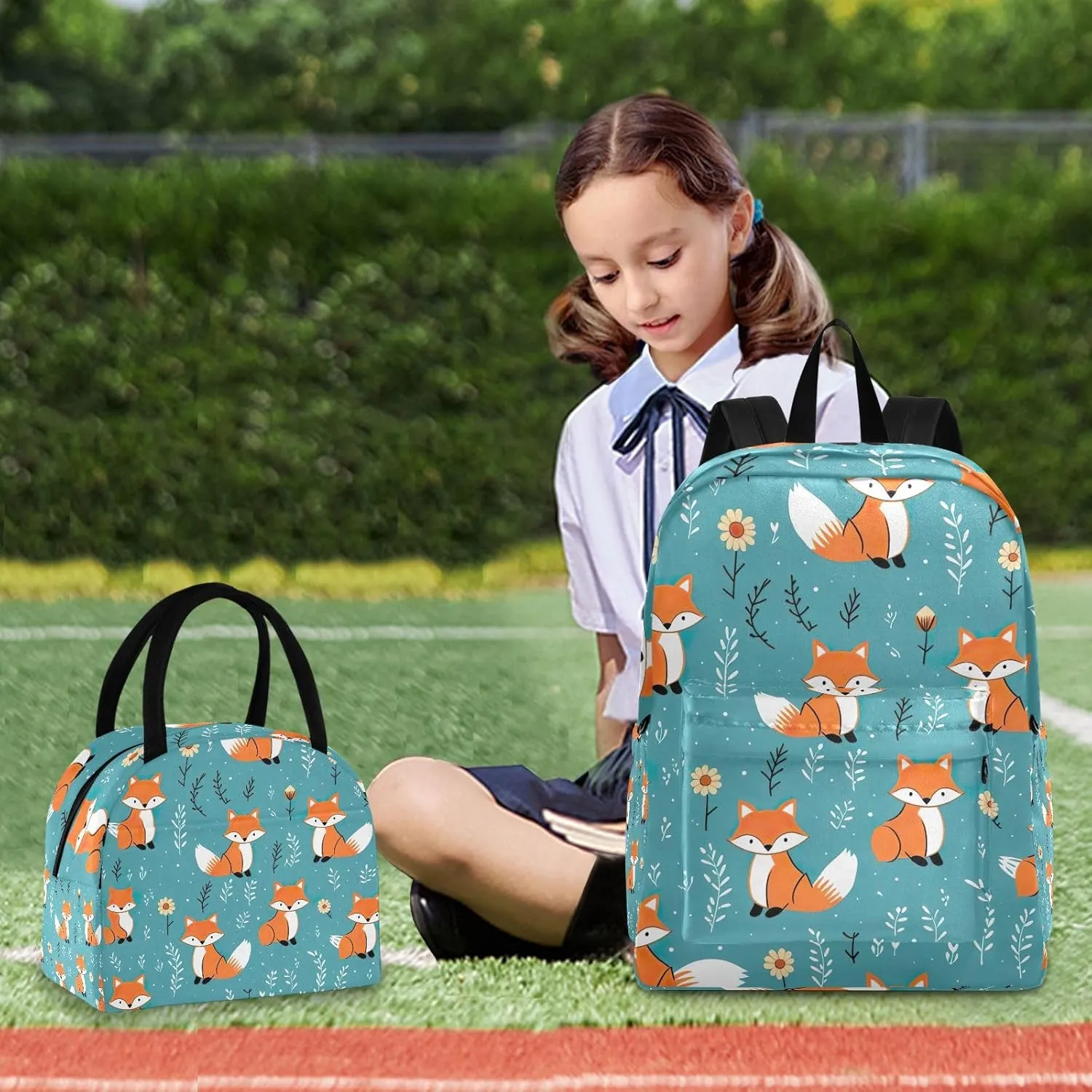 Cute Foxes Bookbag Lunch Box Set Camping Backpack Waterproof, Girls Backpack with Lunchbox, Boy Backpacks Elementary