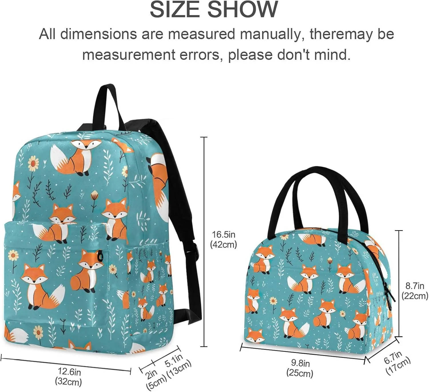 Cute Foxes Bookbag Lunch Box Set Camping Backpack Waterproof, Girls Backpack with Lunchbox, Boy Backpacks Elementary
