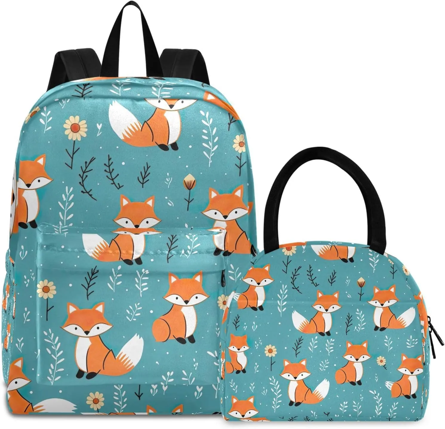 Cute Foxes Bookbag Lunch Box Set Camping Backpack Waterproof, Girls Backpack with Lunchbox, Boy Backpacks Elementary