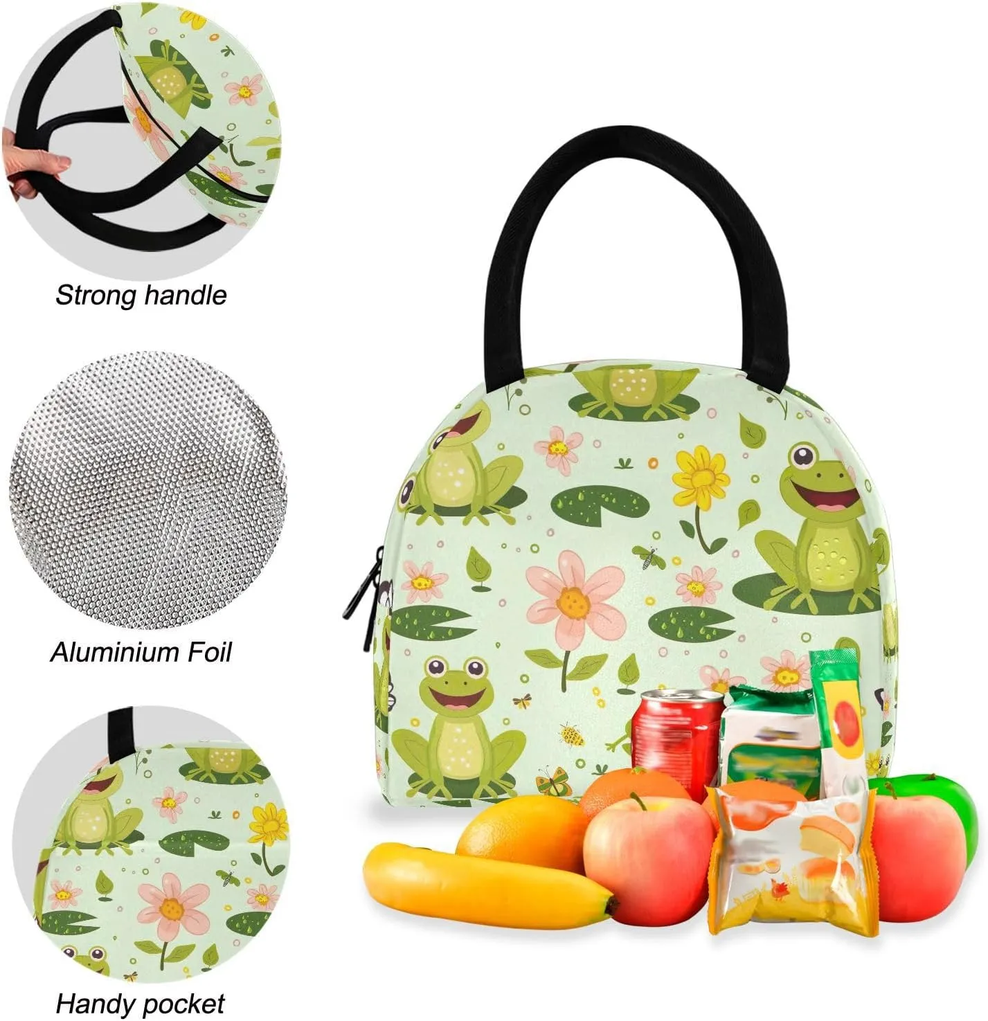 Cute Frog Green Kids Book Bags Waterproof Lunch Bag, Girls Backpacks Elementary