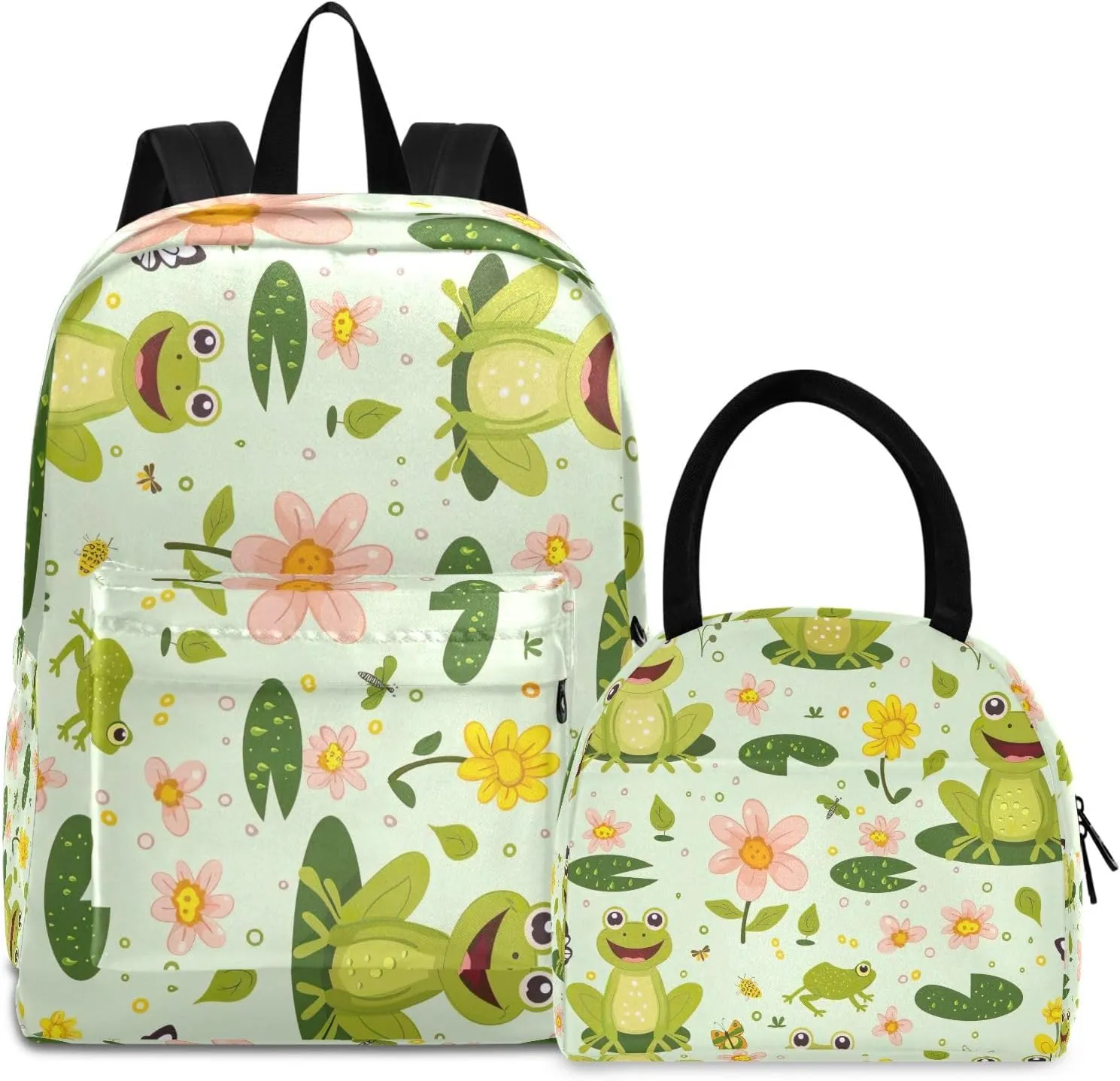 Cute Frog Green Kids Book Bags Waterproof Lunch Bag, Girls Backpacks Elementary