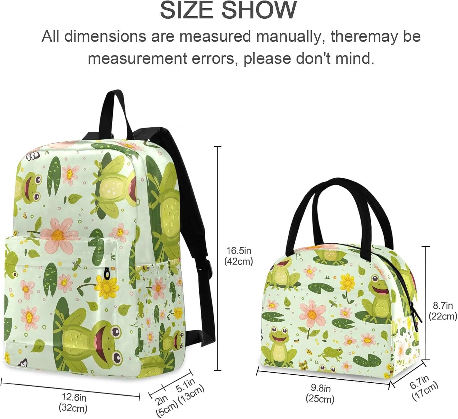 Cute Frog Green Kids Book Bags Waterproof Lunch Bag, Girls Backpacks Elementary